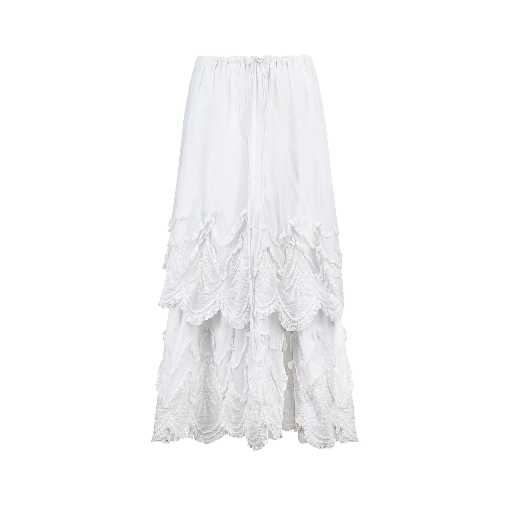 1900s Edwardian White Tiered Cotton and Lace Maxi Skirt