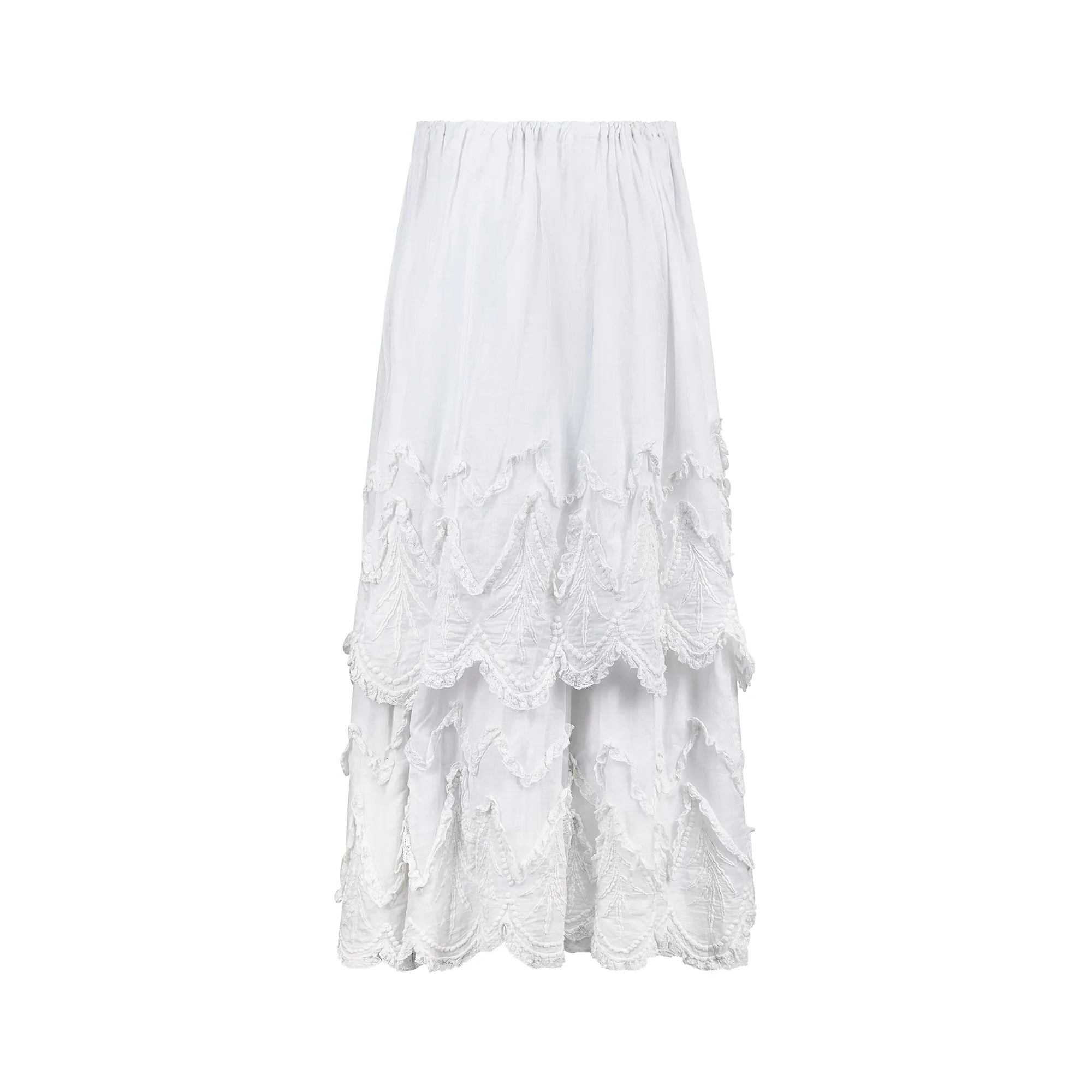 1900s Edwardian White Tiered Cotton and Lace Maxi Skirt