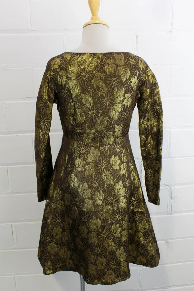 1960s Gold Brocade Floral Mini Dress, XS