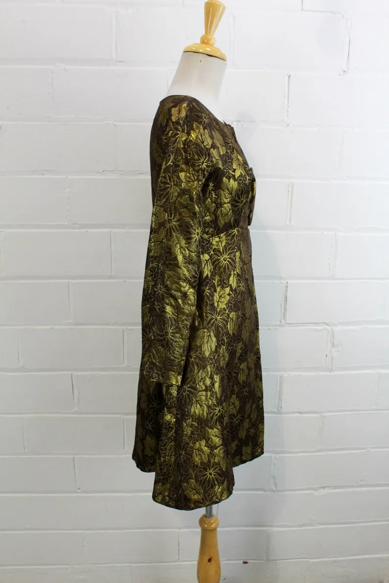 1960s Gold Brocade Floral Mini Dress, XS