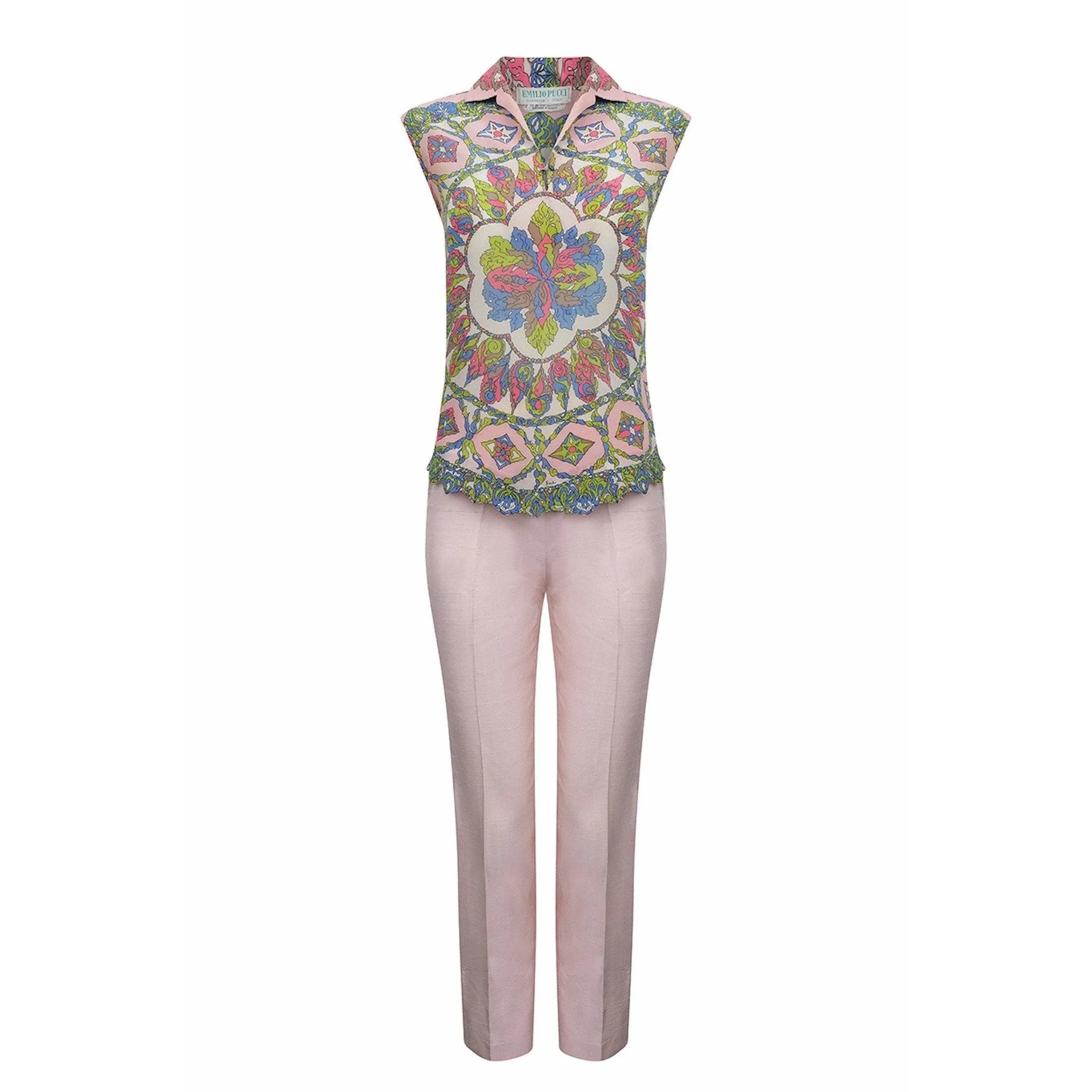 1960s Pucci Silk Pale Pink Trouser Set With Vibrant Rosette Print