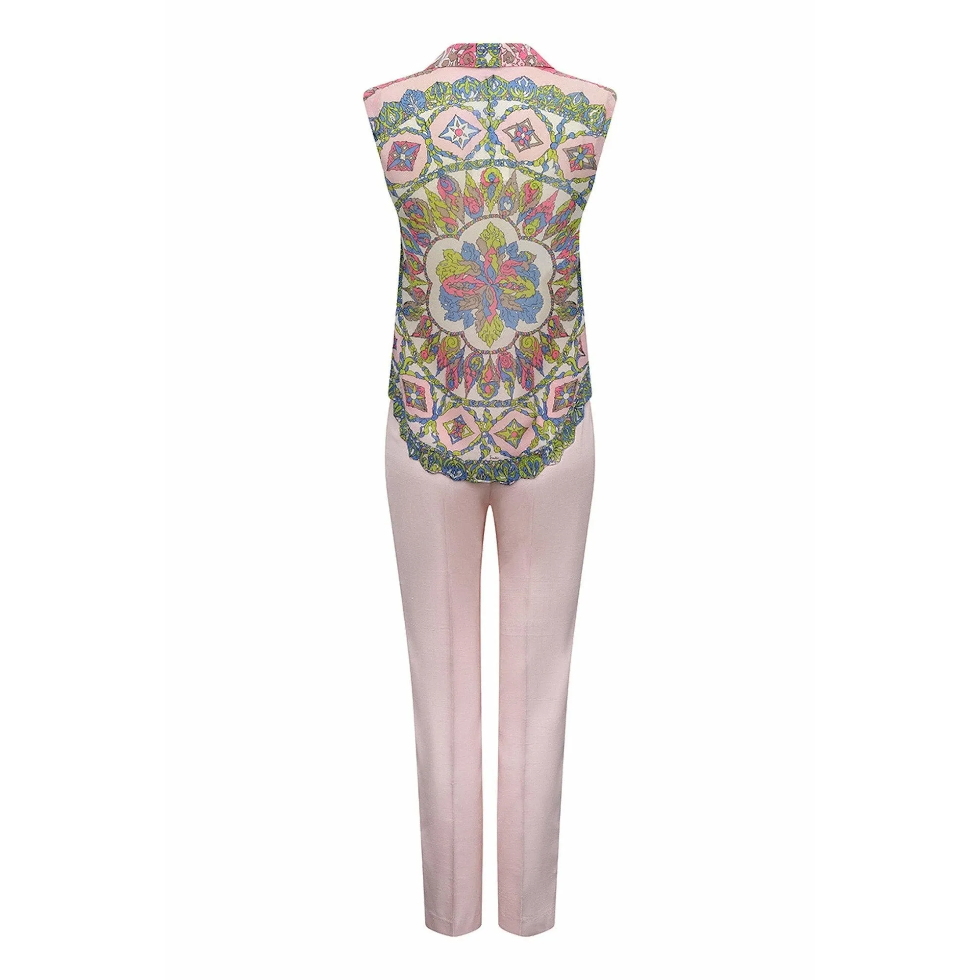 1960s Pucci Silk Pale Pink Trouser Set With Vibrant Rosette Print