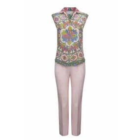 1960s Pucci Silk Pale Pink Trouser Set With Vibrant Rosette Print