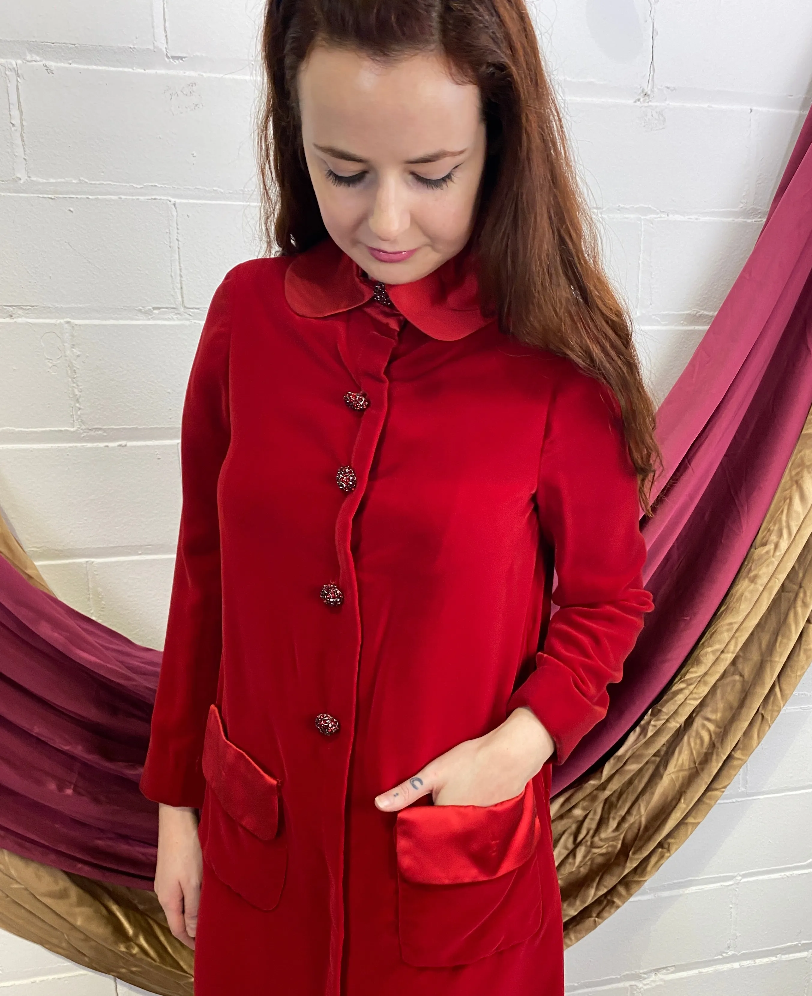 1960s Red Velvet Dress with Peter Pan Collar, Medium