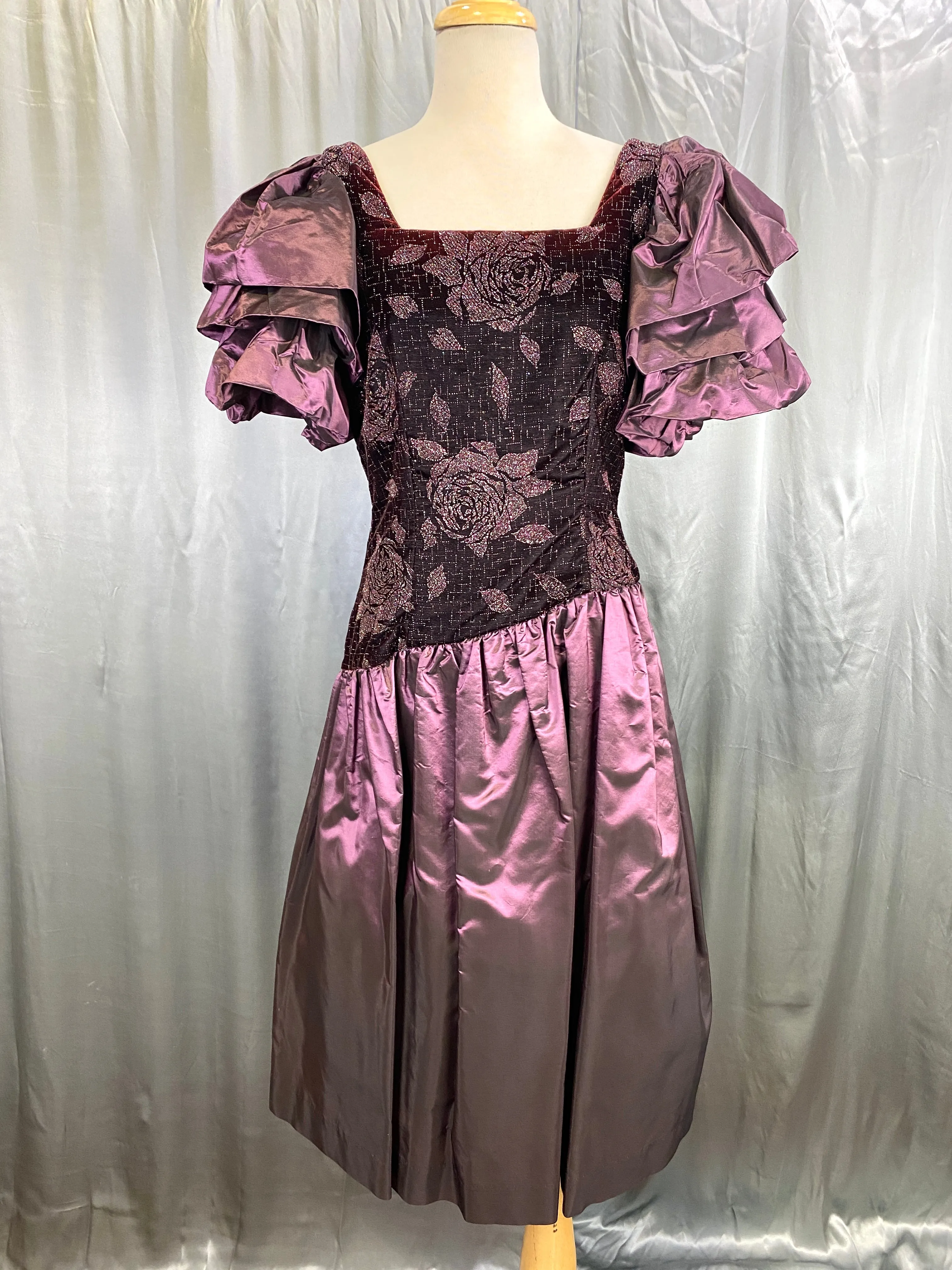 1980s Purple Velvet & Taffeta Prom/ Party Dress, Floral Sparkle Bodice, Bust 36