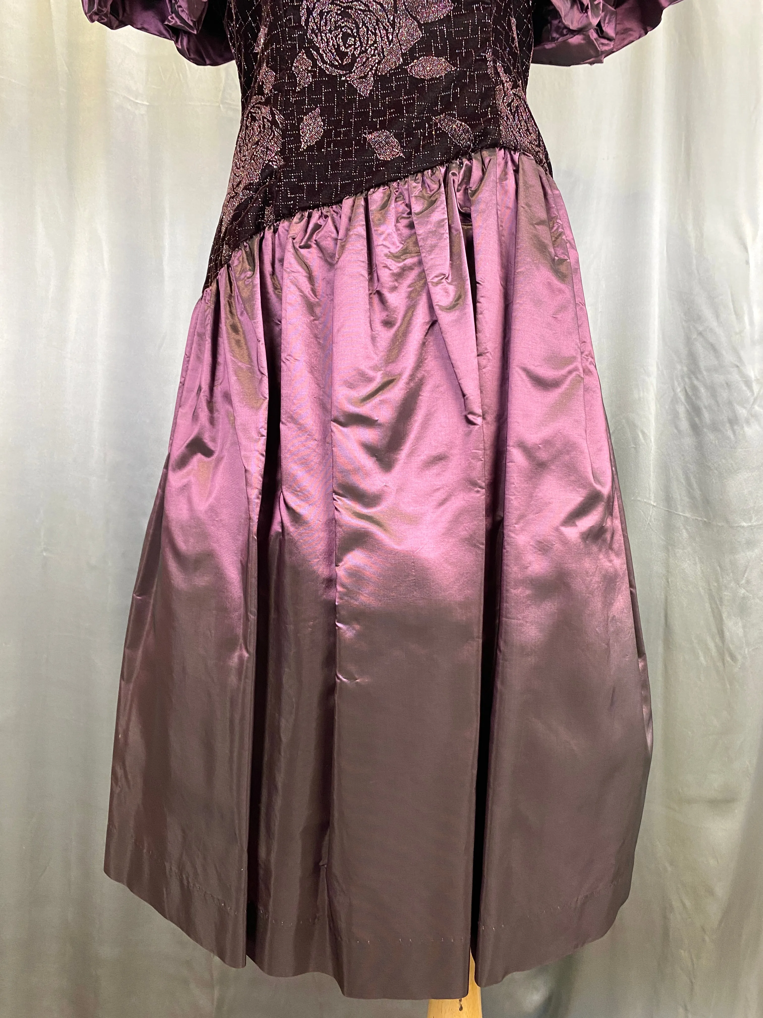 1980s Purple Velvet & Taffeta Prom/ Party Dress, Floral Sparkle Bodice, Bust 36