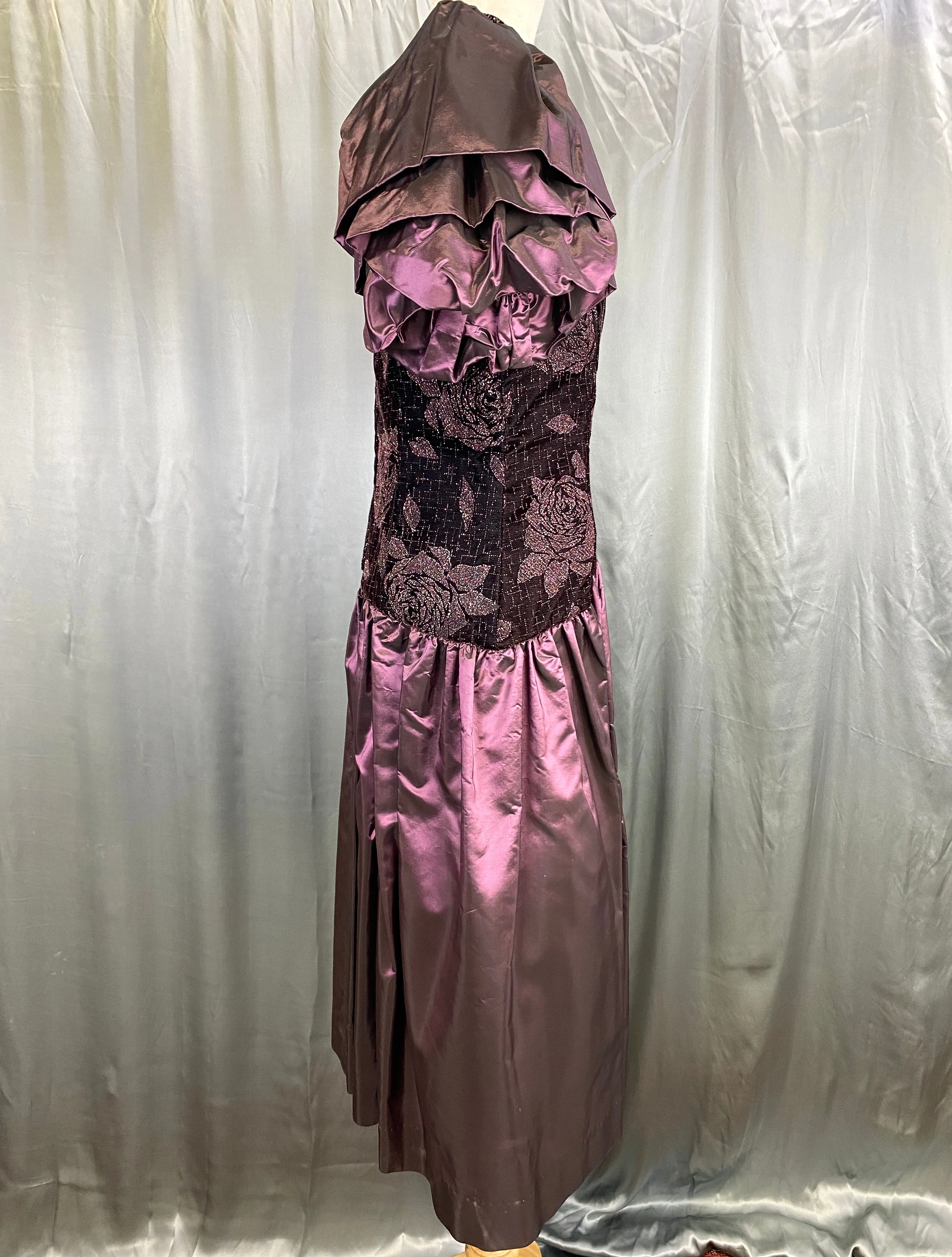 1980s Purple Velvet & Taffeta Prom/ Party Dress, Floral Sparkle Bodice, Bust 36