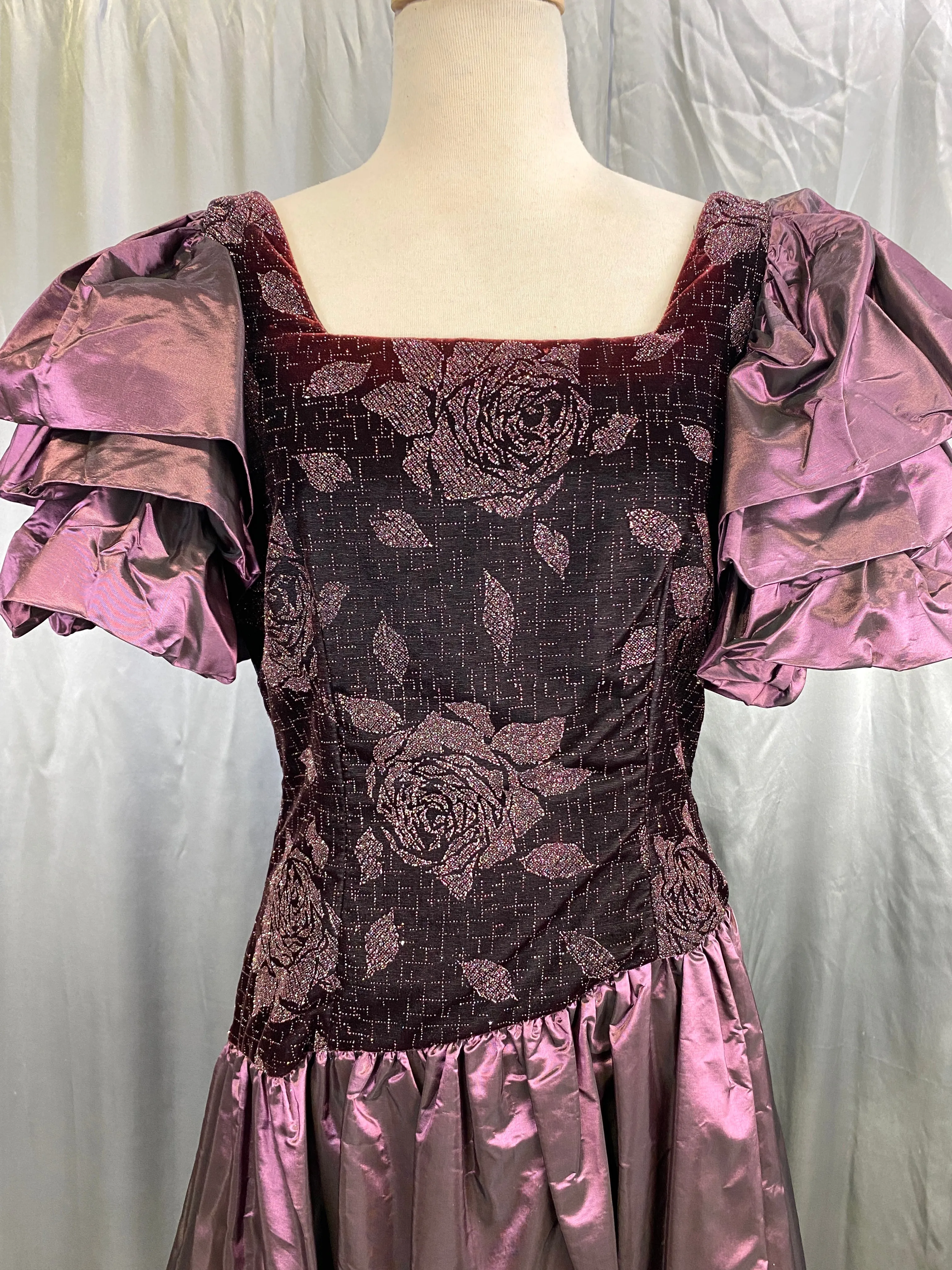 1980s Purple Velvet & Taffeta Prom/ Party Dress, Floral Sparkle Bodice, Bust 36