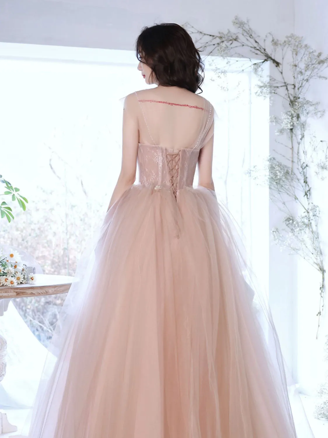 A Line Off Shoulder Pink Long Prom Dress, Pink Graduation Dress with Beading Lace