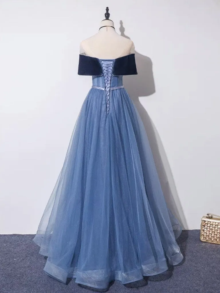 A-Line Off Shoulder Tulle Gray Blue Long Prom Dress, Blue Formal Dress