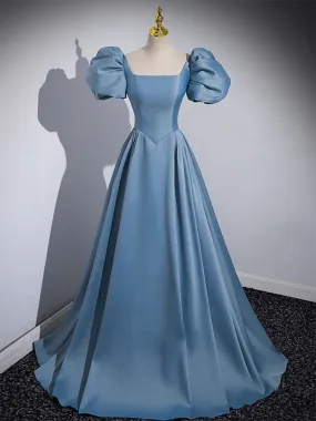 A-Line Puff Sleeves Satin Blue Long Prom Dress, Blue Long Formal Dress