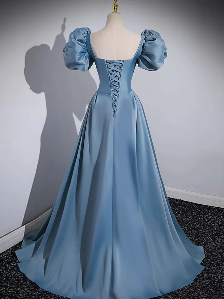 A-Line Puff Sleeves Satin Blue Long Prom Dress, Blue Long Formal Dress