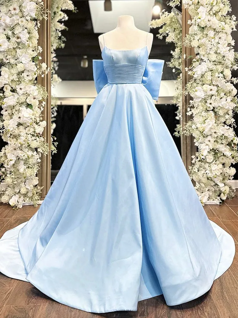 A-Line Satin Blue Long Prom Dress, Blue Long Graduation Dress