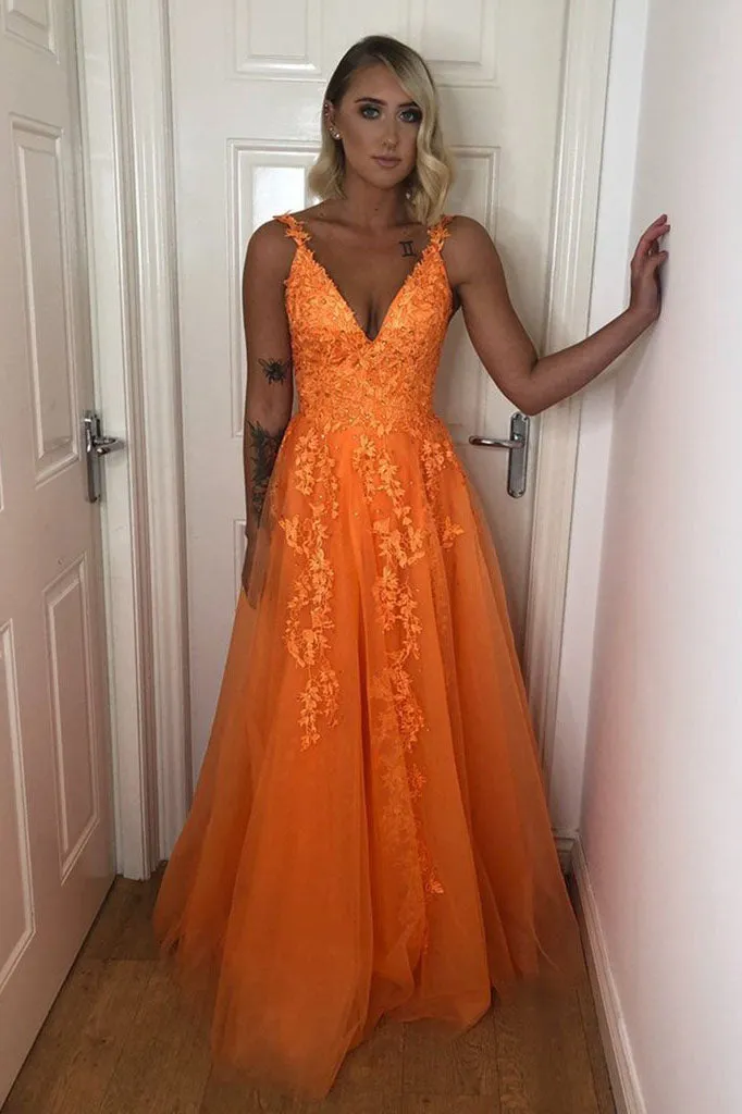 A Line V Neck Backless Lace Appliques Formal Dresses Orange Prom Dresses