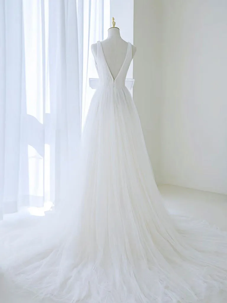 A-Line V Neck White Tulle Long Wedding Dress with Bow