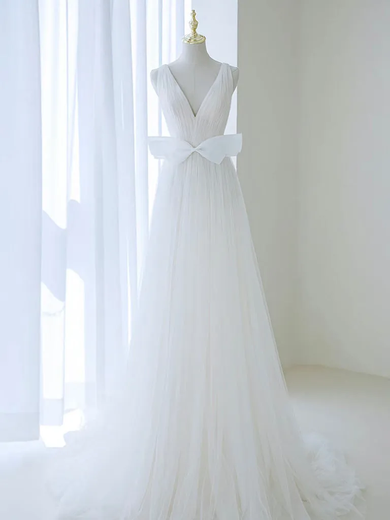 A-Line V Neck White Tulle Long Wedding Dress with Bow