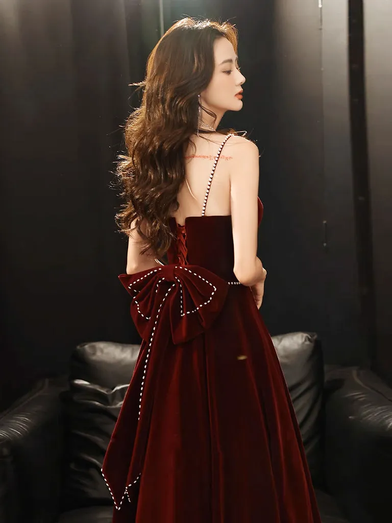 A-Line Velvet Burgundy Long Prom Dress, Burgundy Long Evening Dress