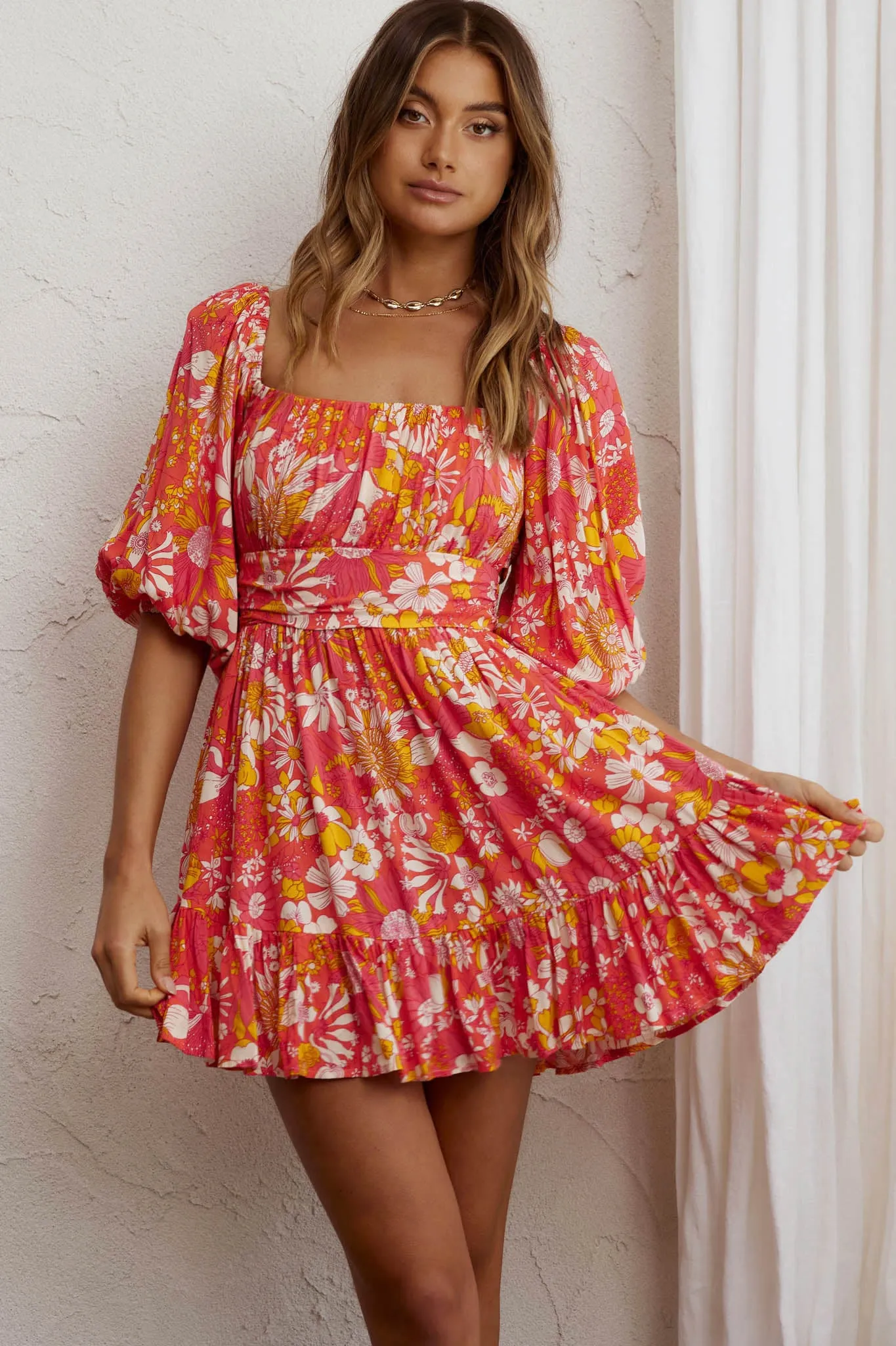 Abby Off-Shoulder Tie-Up Back Dress Retro Floral Orange