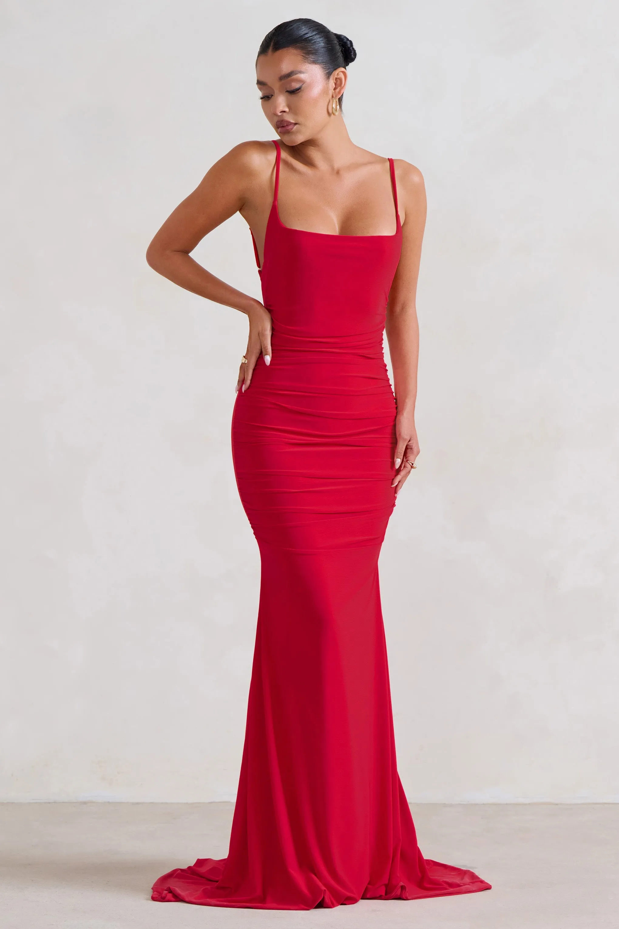 Adele | Red Ruched Fishtail Cami Maxi Dress