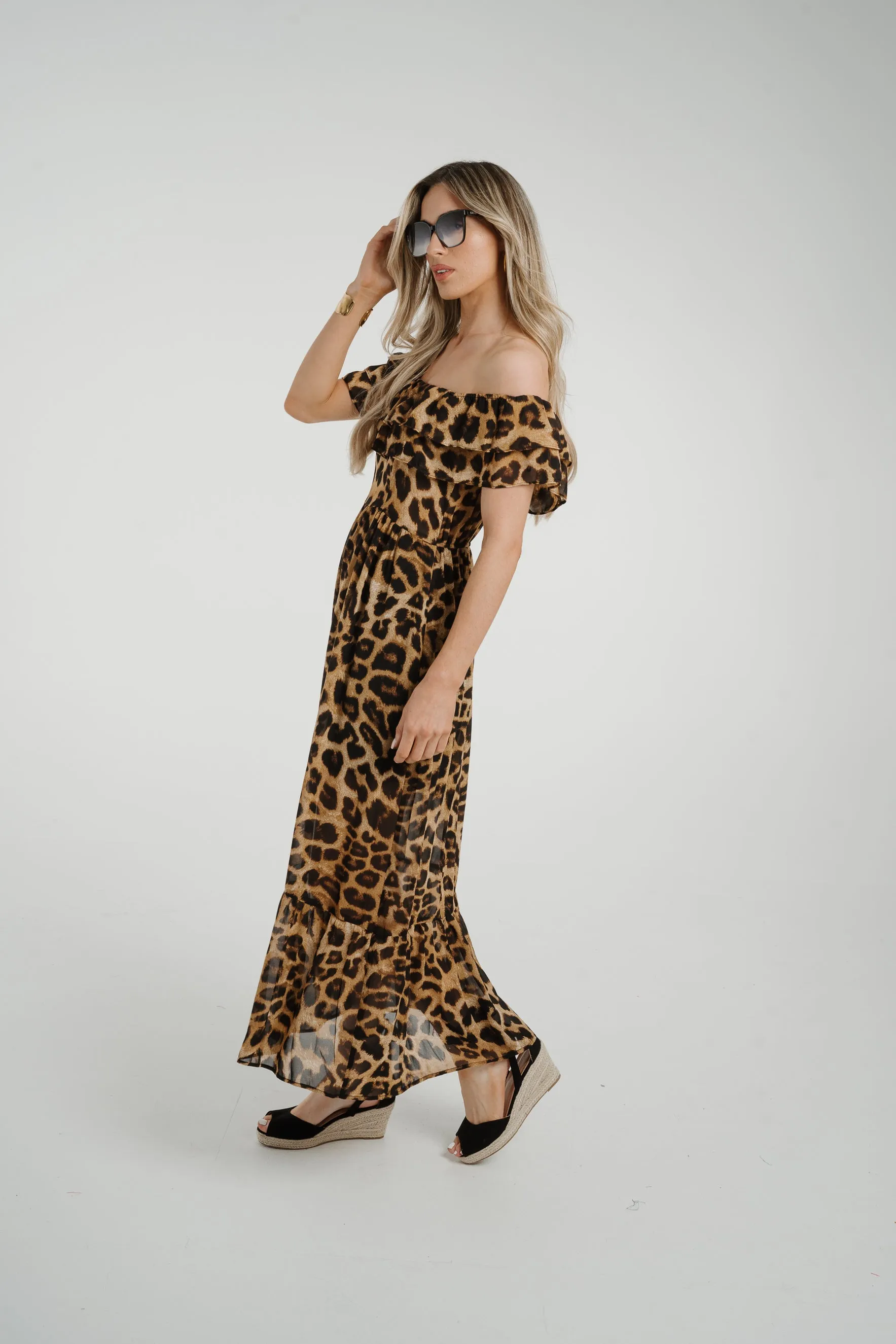 Ally Frill Detail Midi Dress In Leopard Print