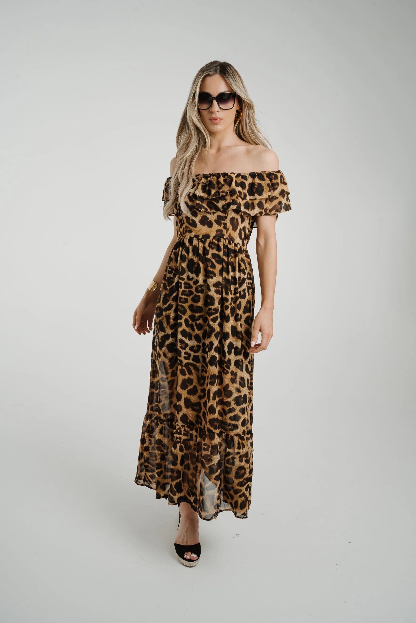 Ally Frill Detail Midi Dress In Leopard Print