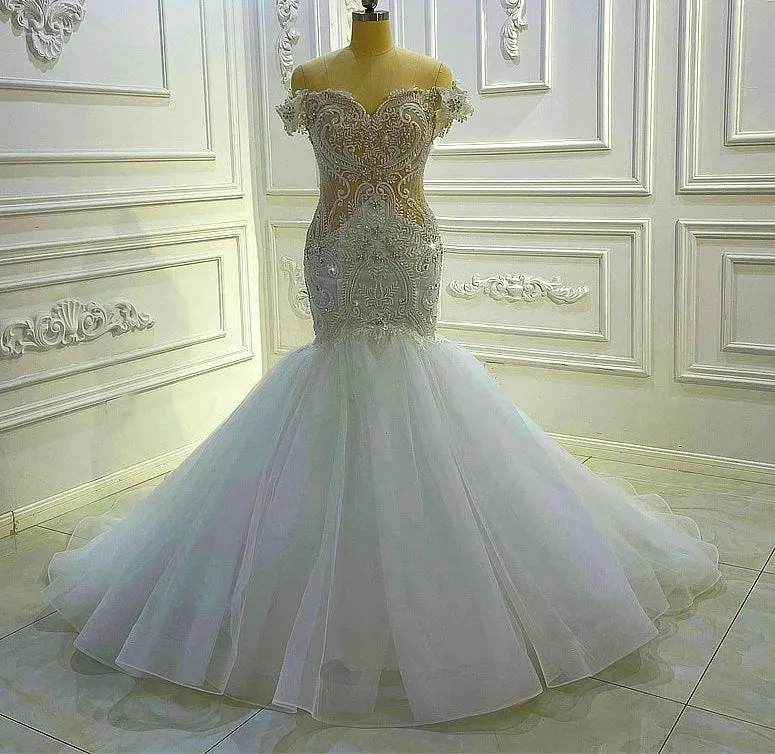 AM1080 Off Shoulder Lace Applique Sheer Mermaid Wedding Dress