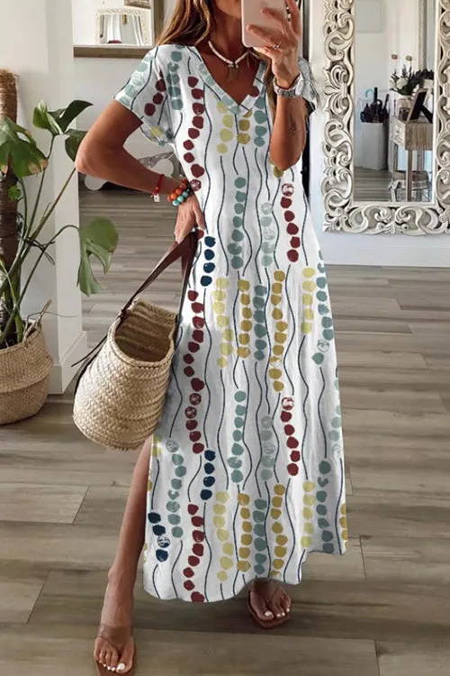 Ambilight Print V Neck Slit Maxi Dress