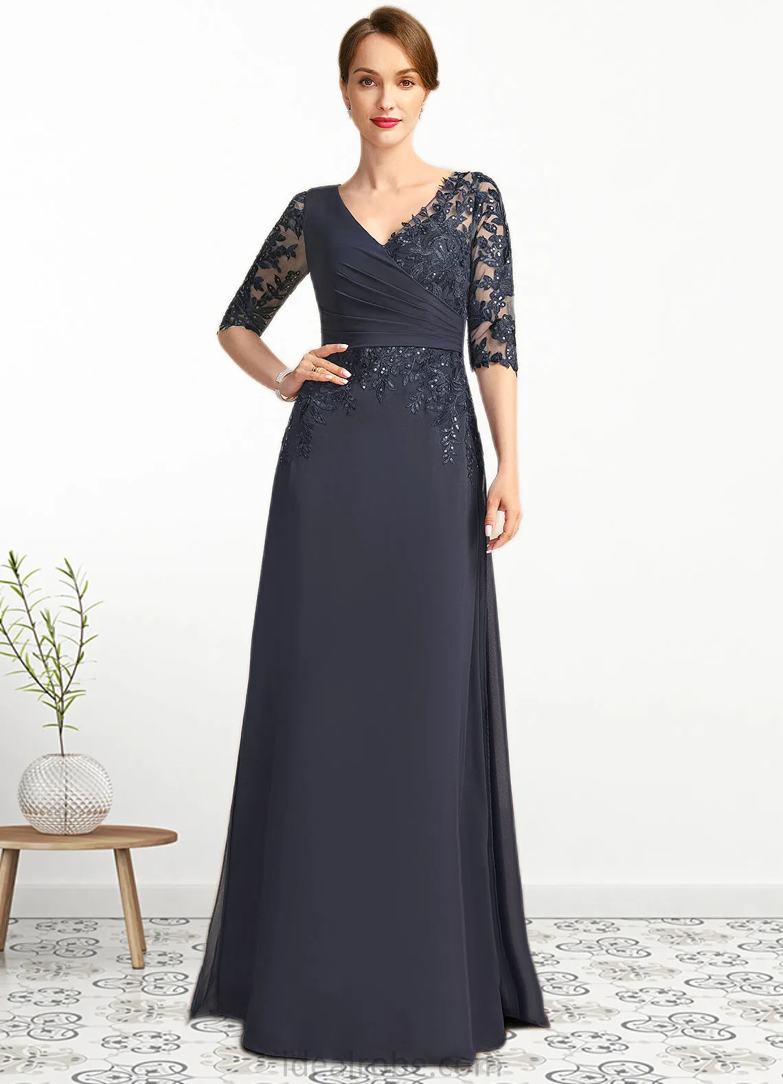 Anne A-line V-Neck Floor-Length Chiffon Lace Mother of the Bride Dress With Pleated Sequins STKP0021880