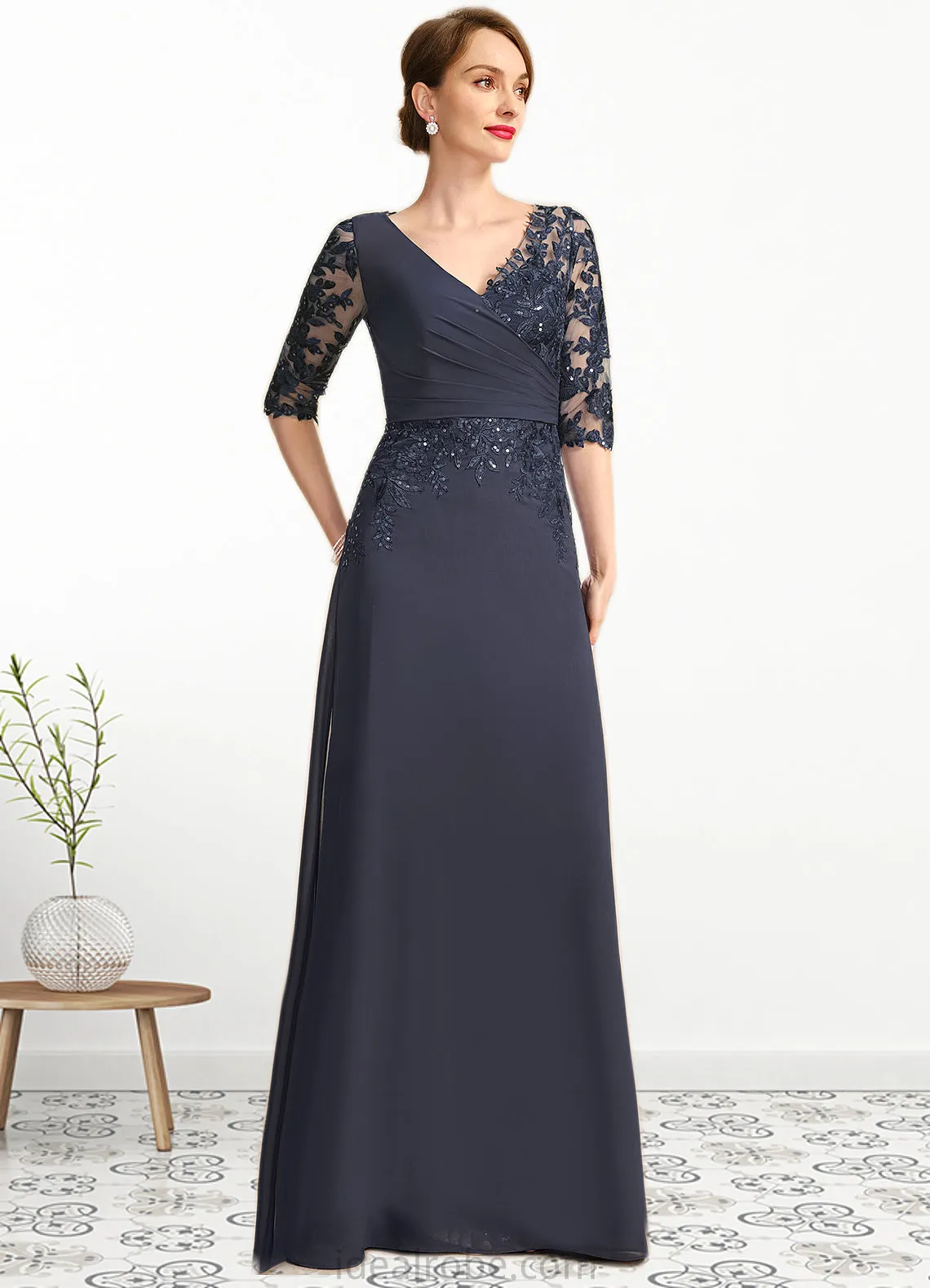 Anne A-line V-Neck Floor-Length Chiffon Lace Mother of the Bride Dress With Pleated Sequins STKP0021880