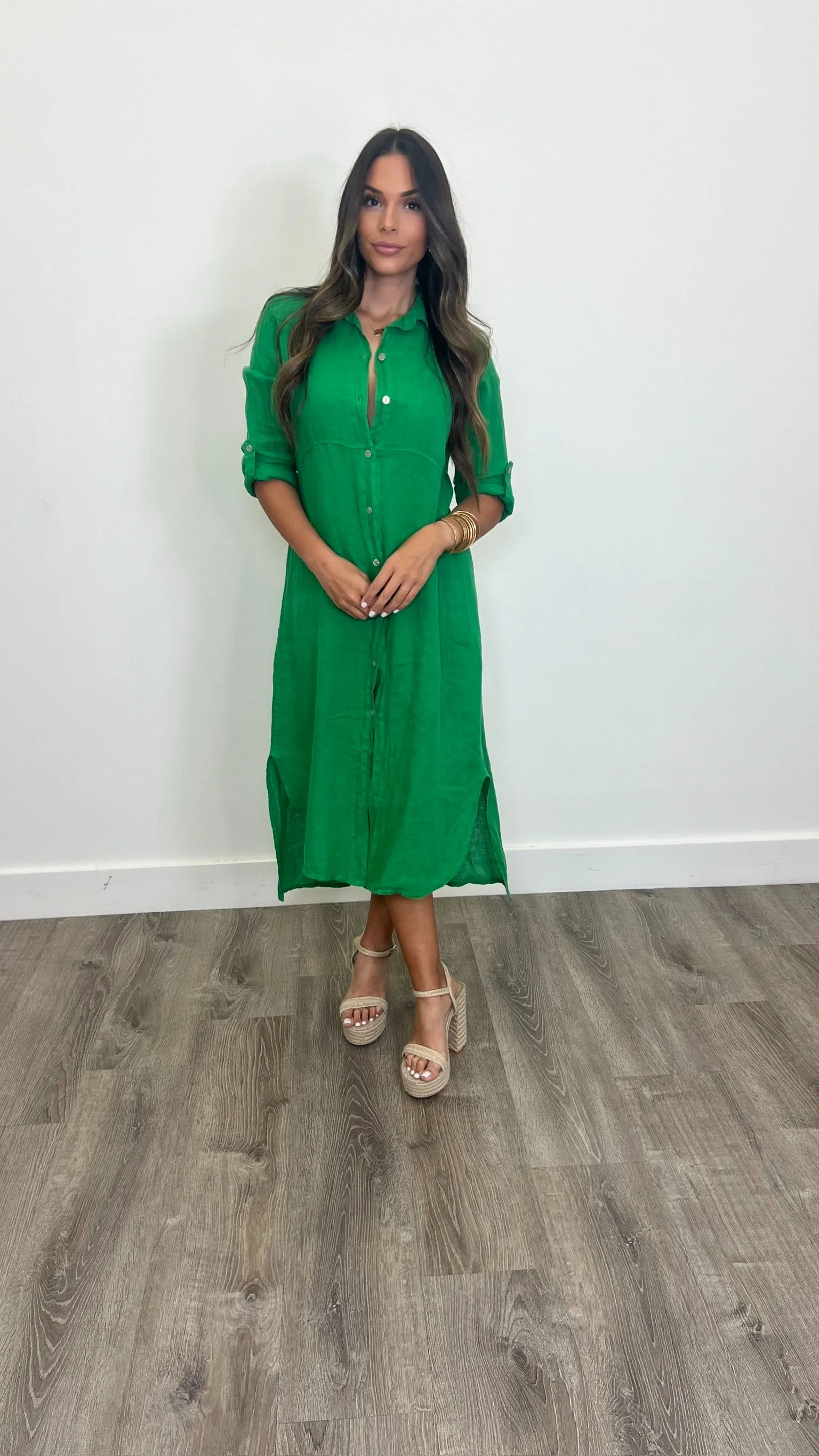 Arles Verde Lino Button Down Maxi Dress