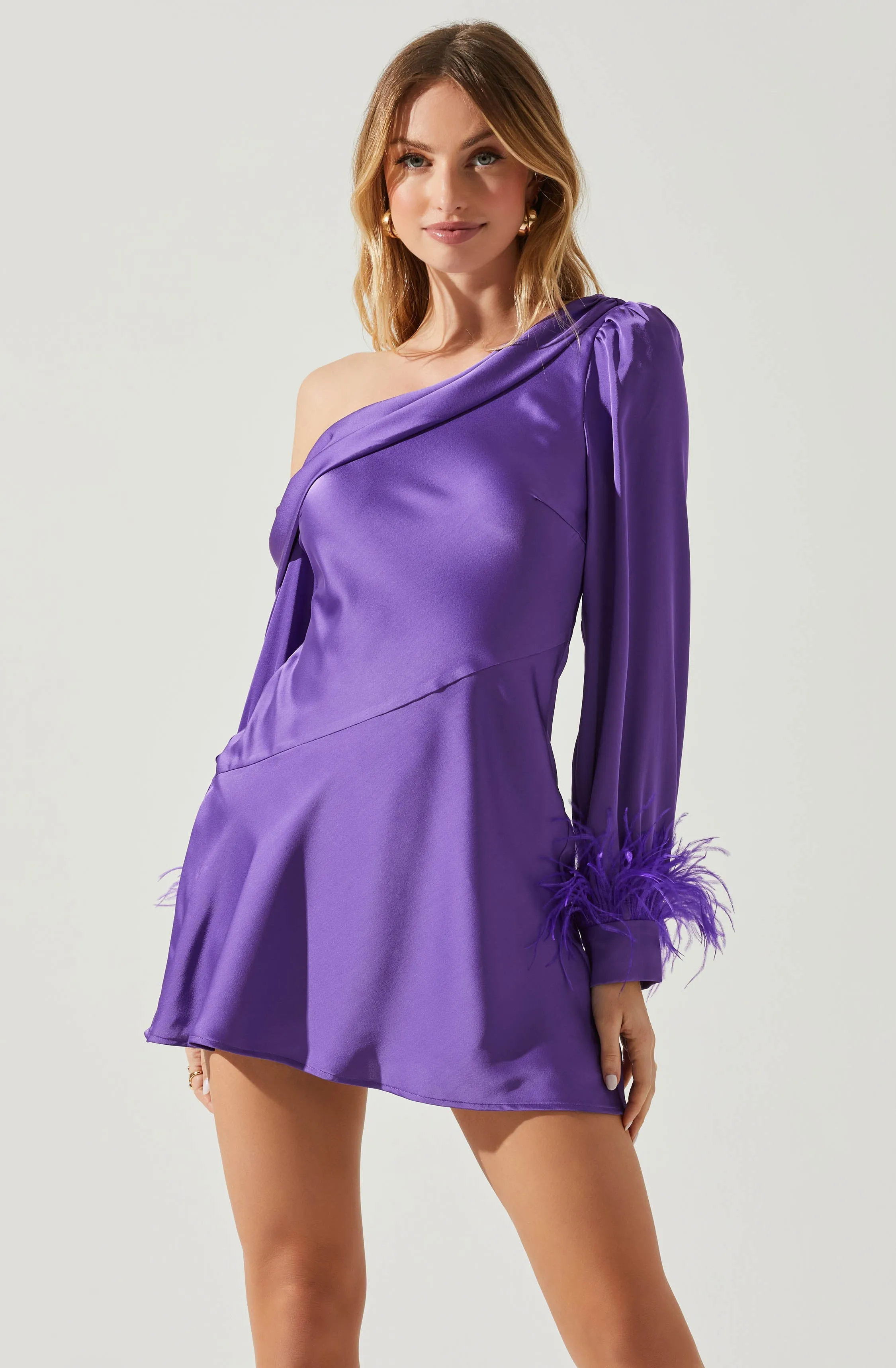 Augusta Off Shoulder Feather Trim Mini Dress