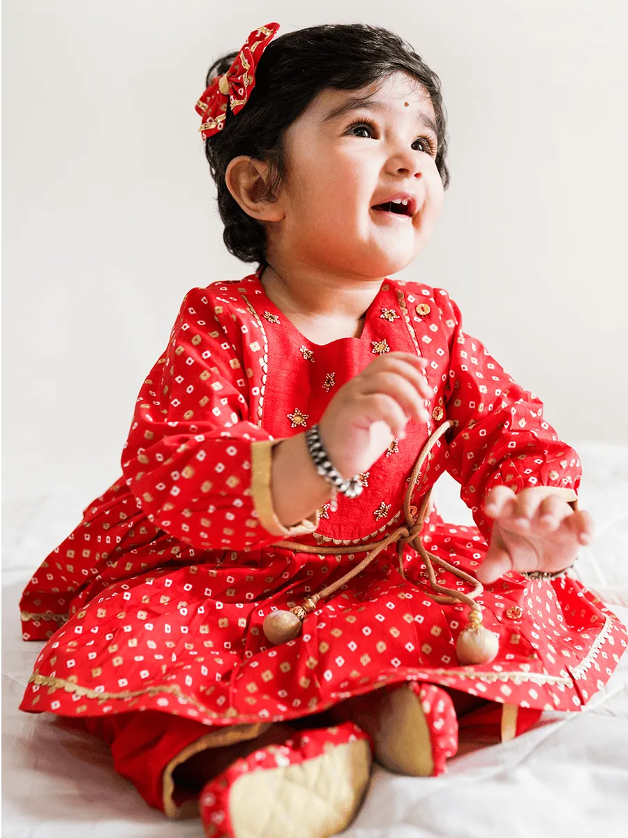 Baby Girl Bandhani Printed Angrakha Suit Set-Red