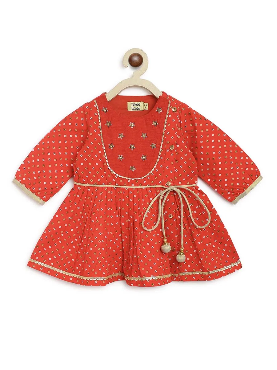 Baby Girl Bandhani Printed Angrakha Suit Set-Red