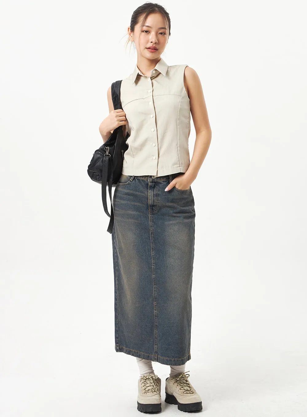 Back Slit Denim Maxi Skirt CD23