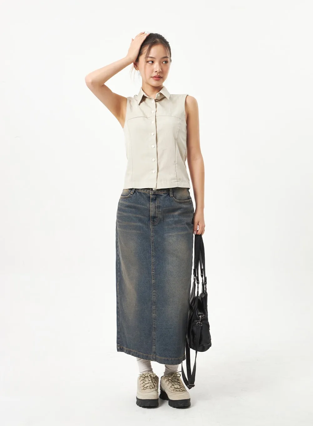 Back Slit Denim Maxi Skirt CD23