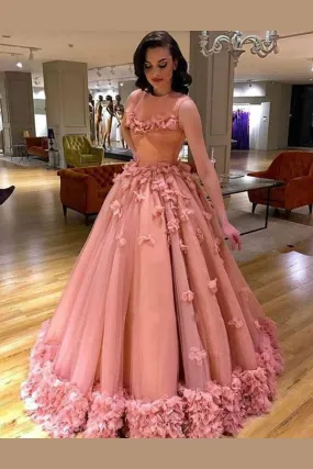 Ball Gown High Neck Pink Appliques Tulle Quinceanera Dresses Long Dance Dresses