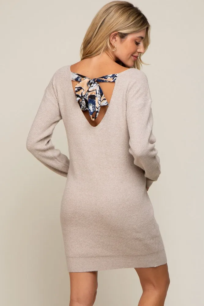 Beige Cutout Back Satin Tie Maternity Sweater Dress