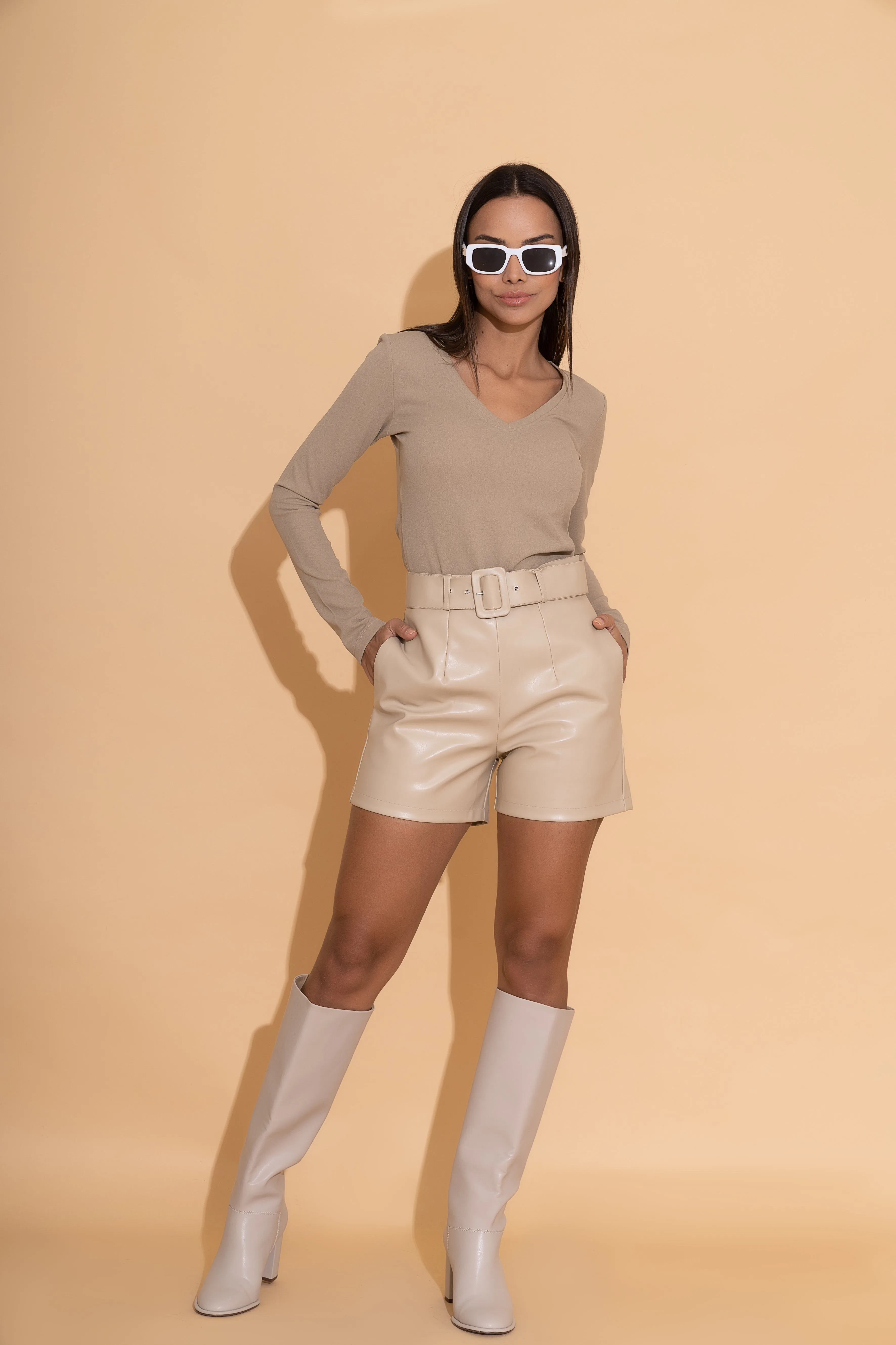 Beige Lycra V Neck Top