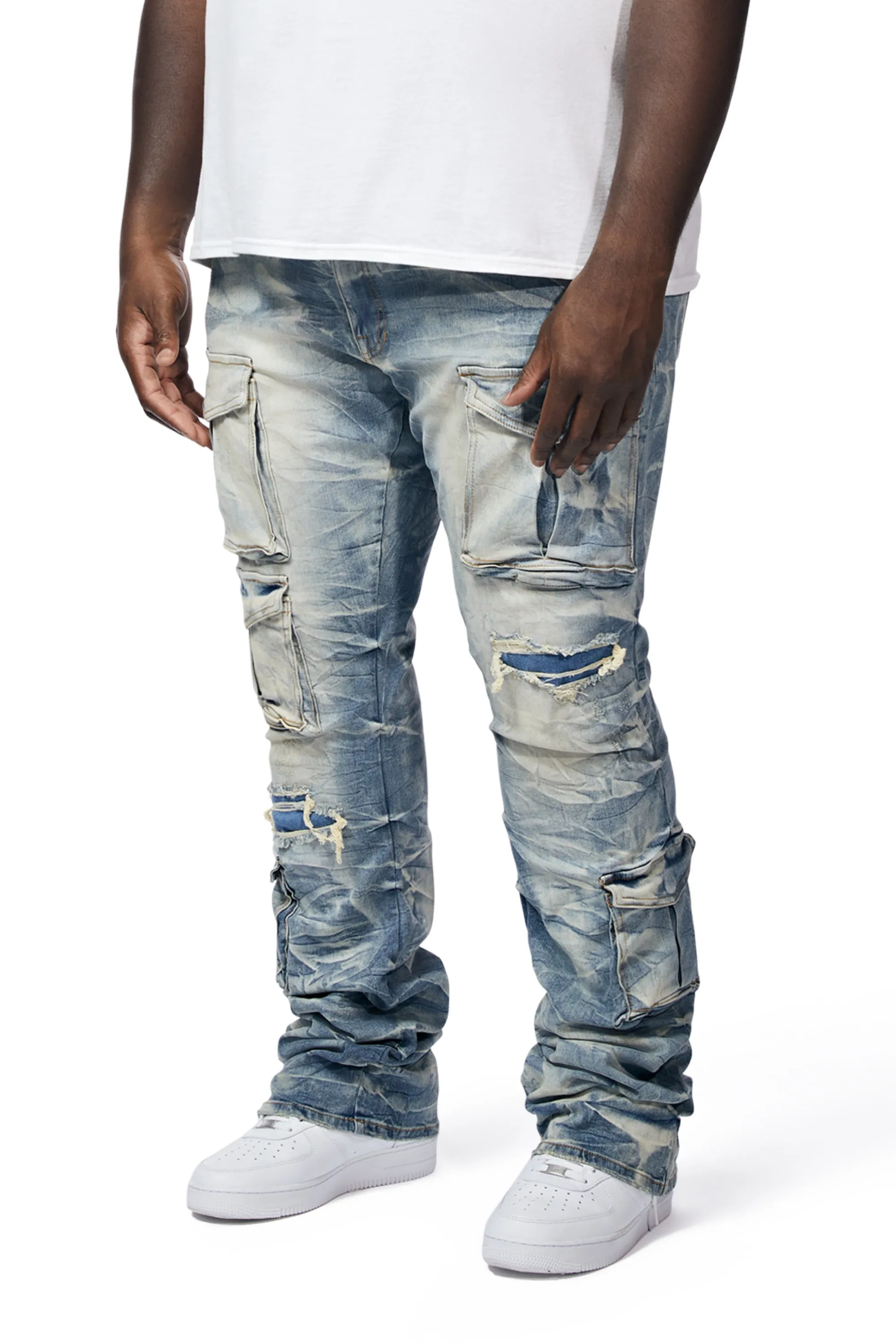 Big And Tall Utility Pocket Stacked Denim Jeans - Clyde Blue