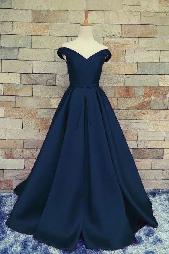 blue prom dress, long prom dress, off shoulder prom dress, A-line evening dress,  prom dress, BD380