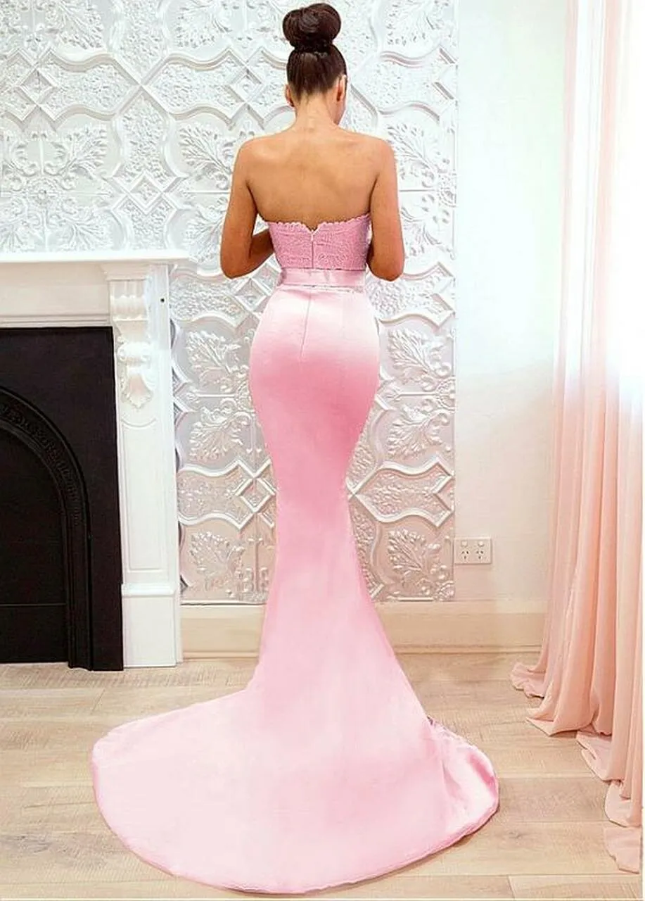 Blush Pink Lace Mermaid Evening Gown with Sweetheart Neckline