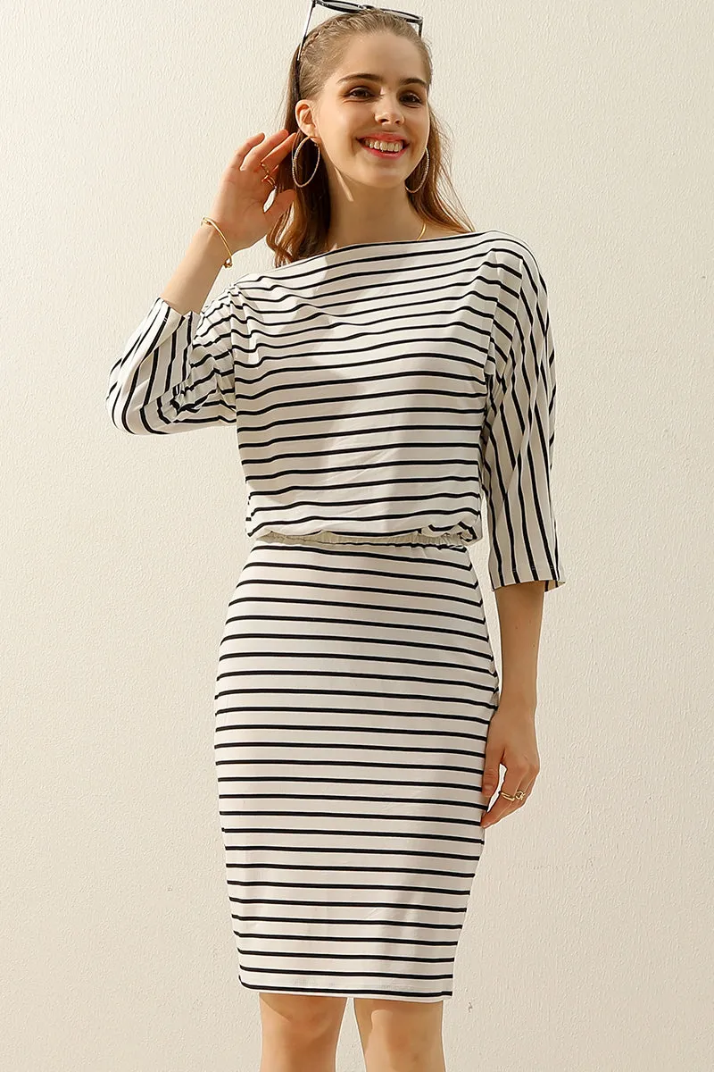 BOAT NECK LONG SLEEVE DRAWSTRING KNEE MIDI DRESS