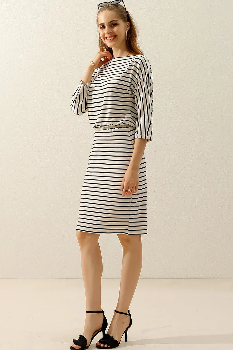 BOAT NECK LONG SLEEVE DRAWSTRING KNEE MIDI DRESS