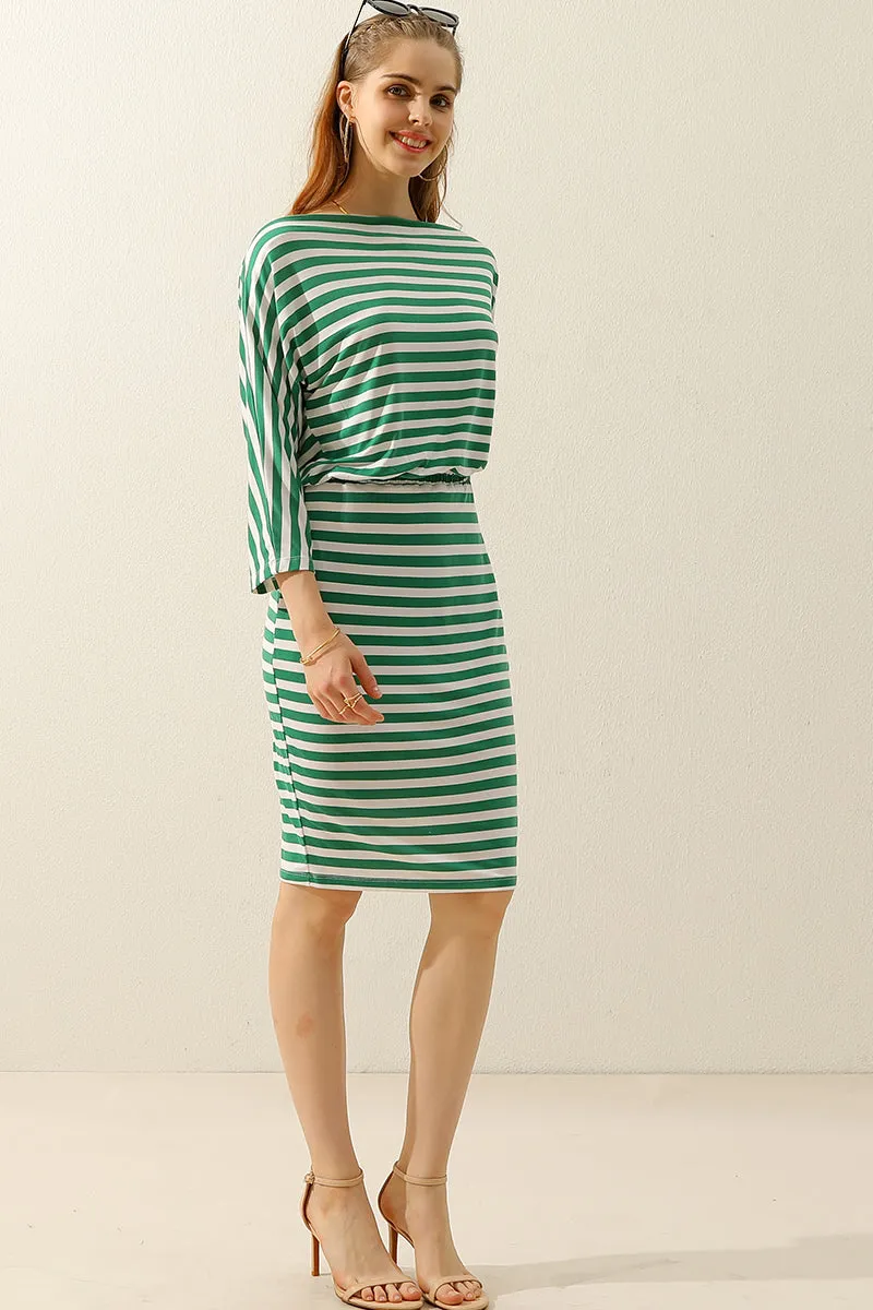 BOAT NECK LONG SLEEVE DRAWSTRING KNEE MIDI DRESS