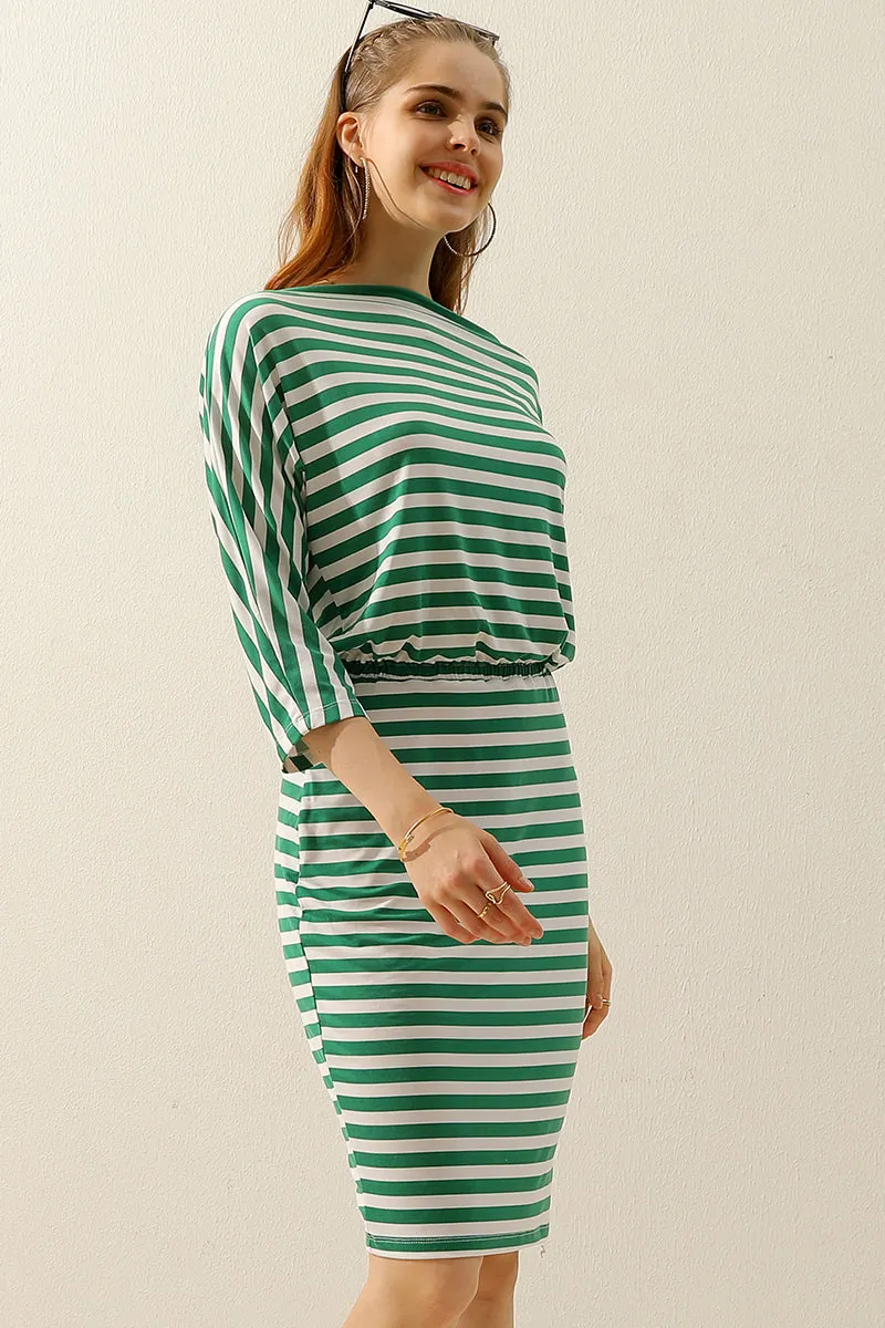 BOAT NECK LONG SLEEVE DRAWSTRING KNEE MIDI DRESS