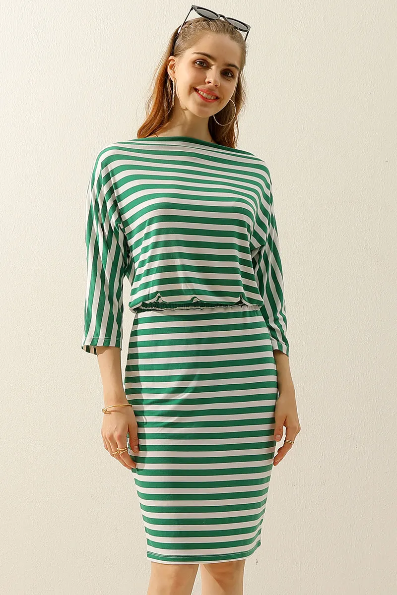 BOAT NECK LONG SLEEVE DRAWSTRING KNEE MIDI DRESS