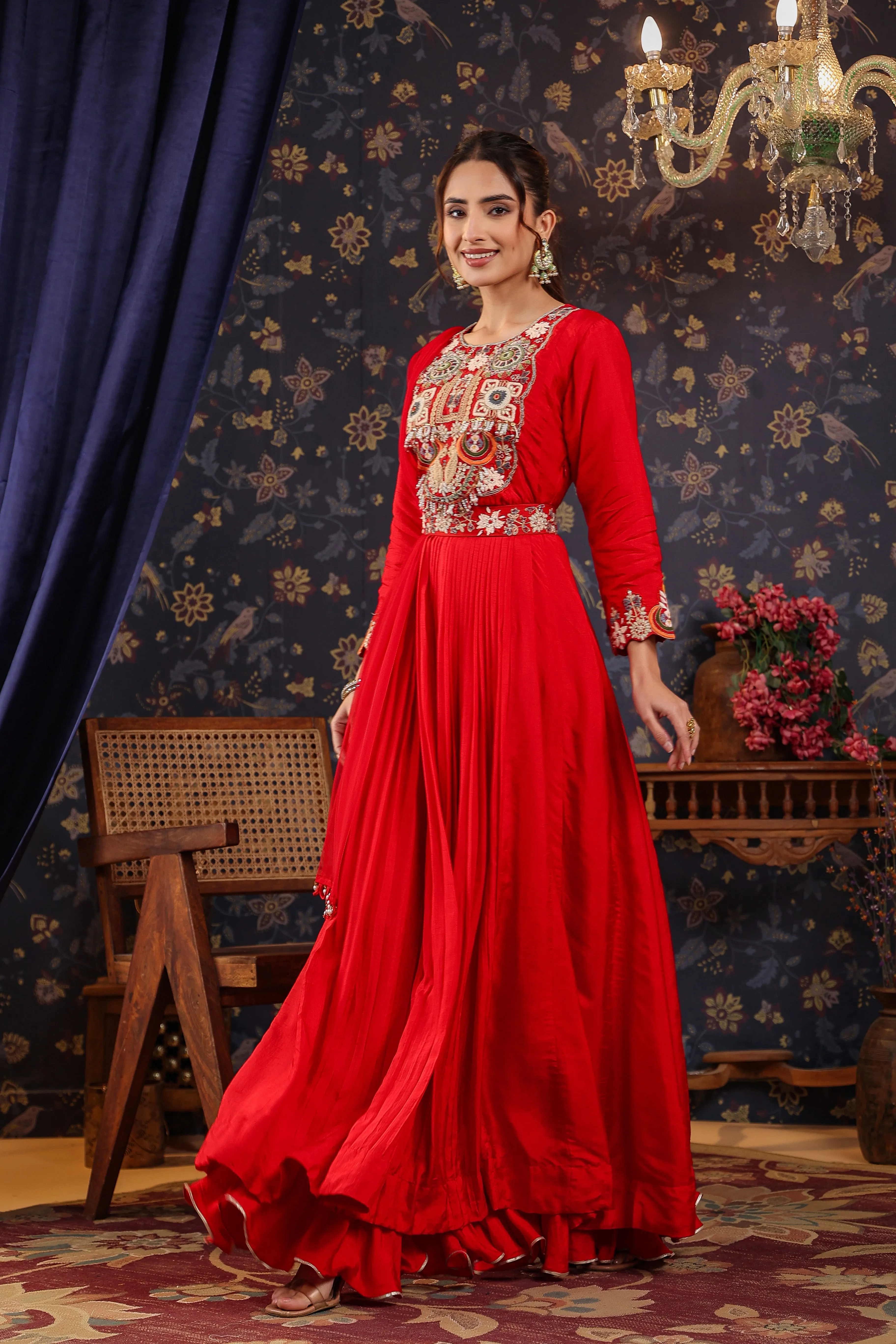 Bright Red Embroidered Chanderi Silk Anarkali Set