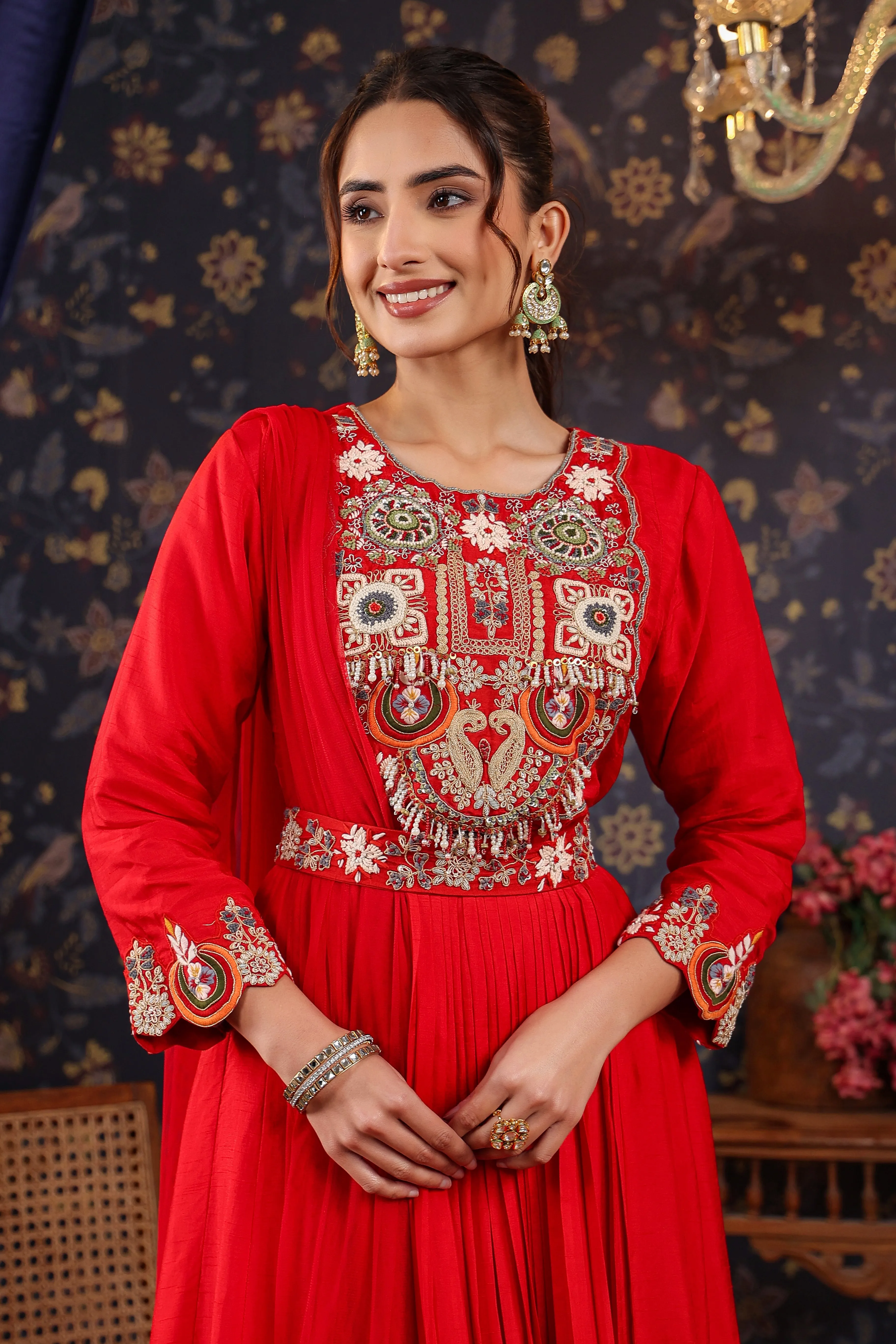 Bright Red Embroidered Chanderi Silk Anarkali Set