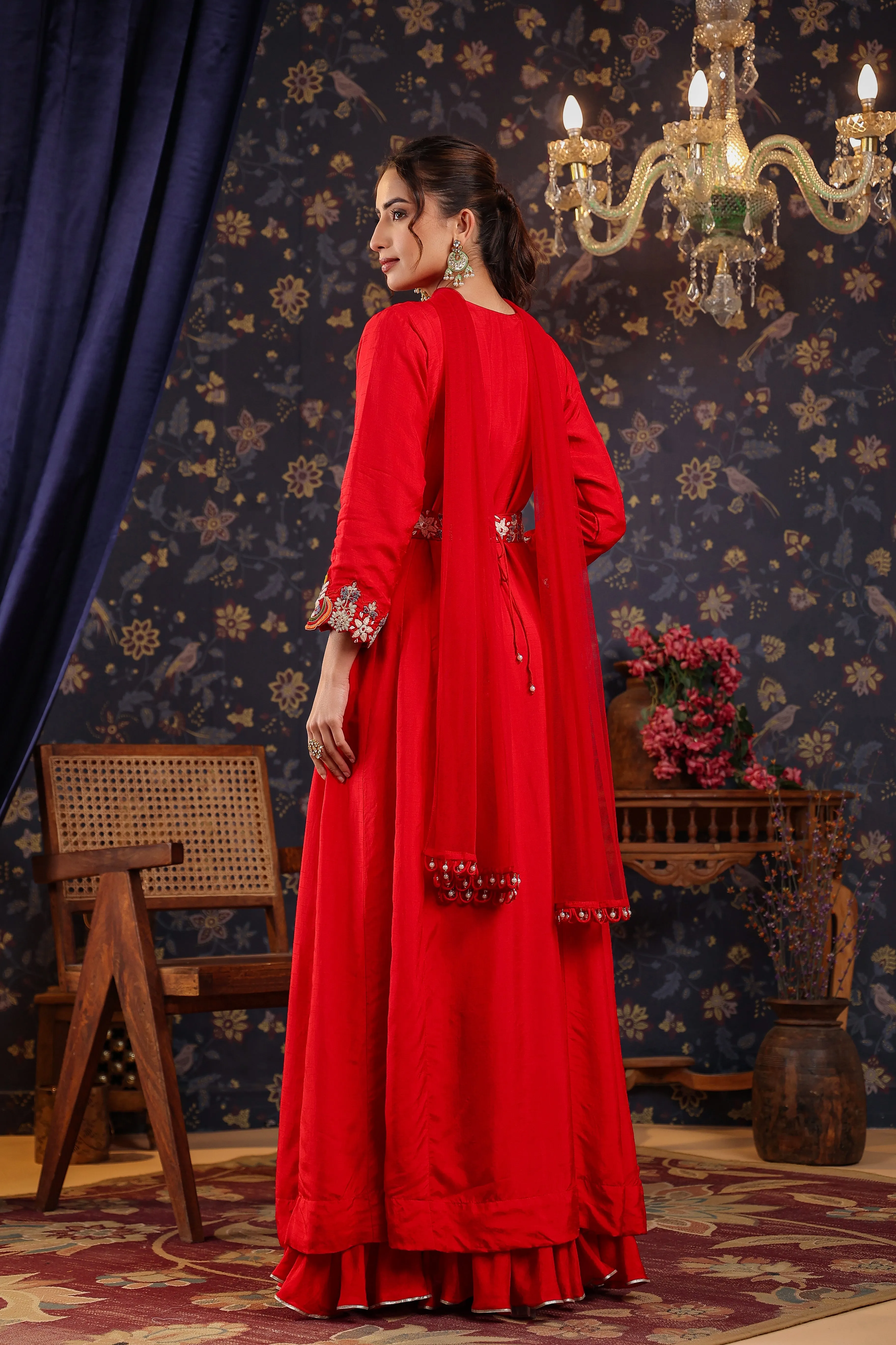 Bright Red Embroidered Chanderi Silk Anarkali Set