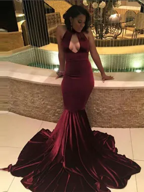 Burgundy Mermaid Long Velvet Prom Dress, Sexy Prom Dress 2019